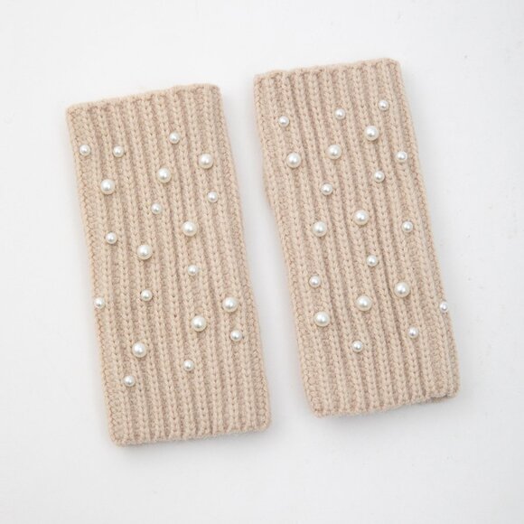 2/$30 Women's Beige Knitted Fingerless Gloves with Pearl Accents Winter Fall - Picture 4 of 5